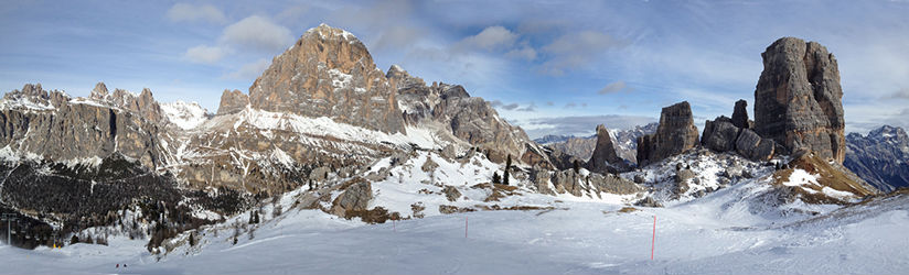 Panorama of the Cinque Torri peaks in snow